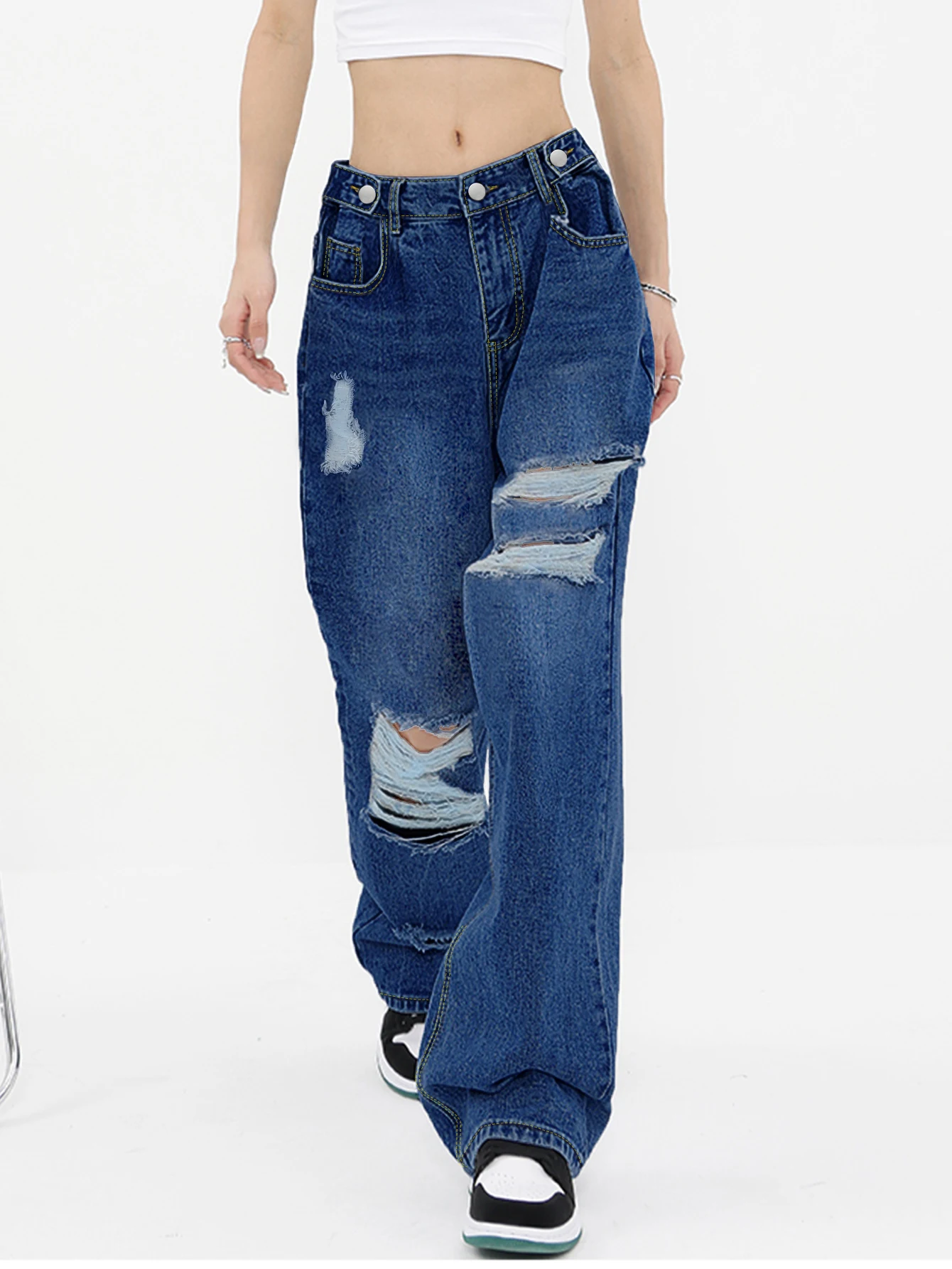 Damskie dżinsy z szeroką nogawką Y2k Ripped Baggy Jeans Streetwear Straight Leg Denim Pants Casual New Fashion Loose Washed Destroyed Jean