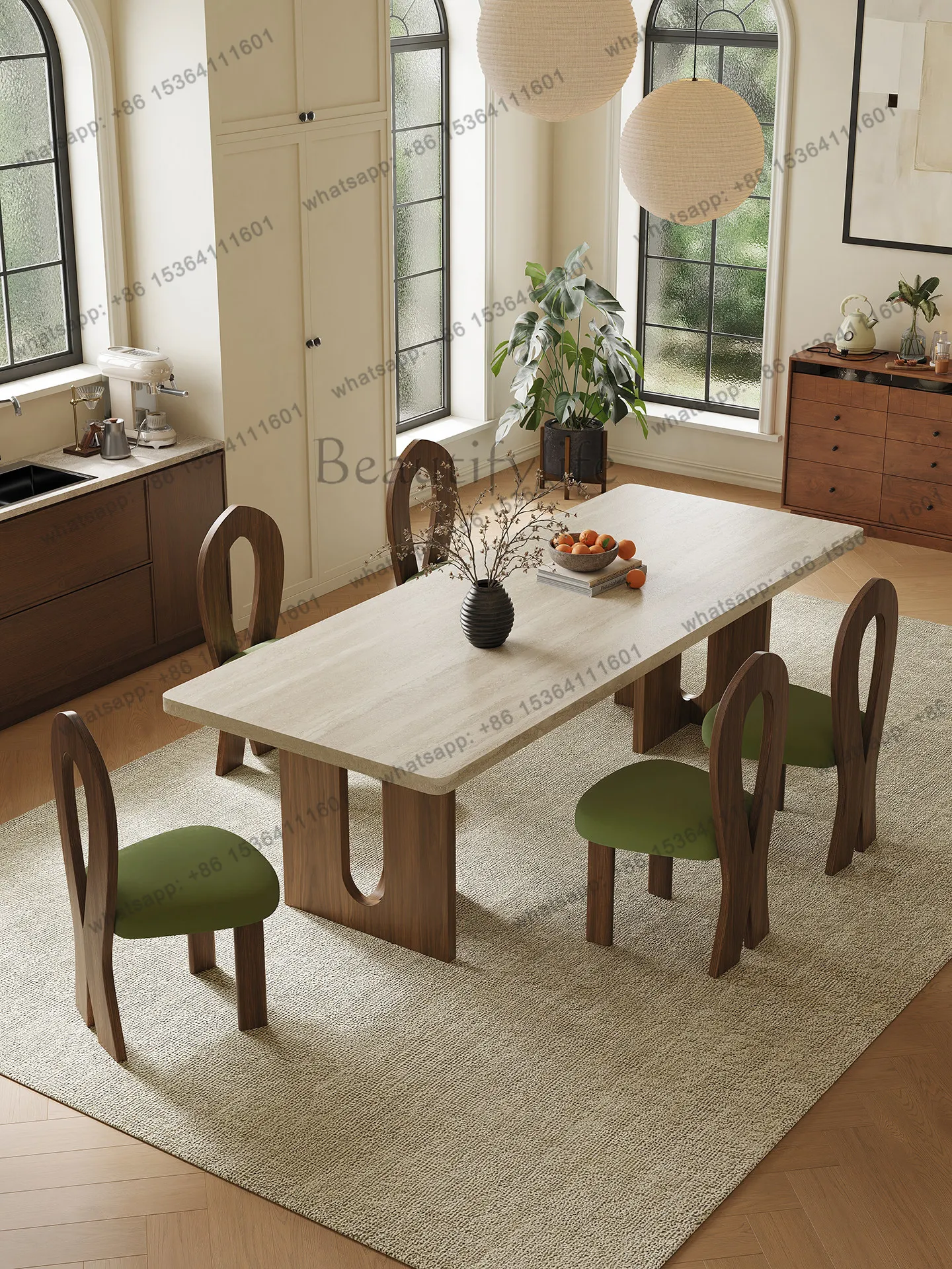 

Solid wood dining table French retro travertine rock slab rectangular medium and ancient style dining table