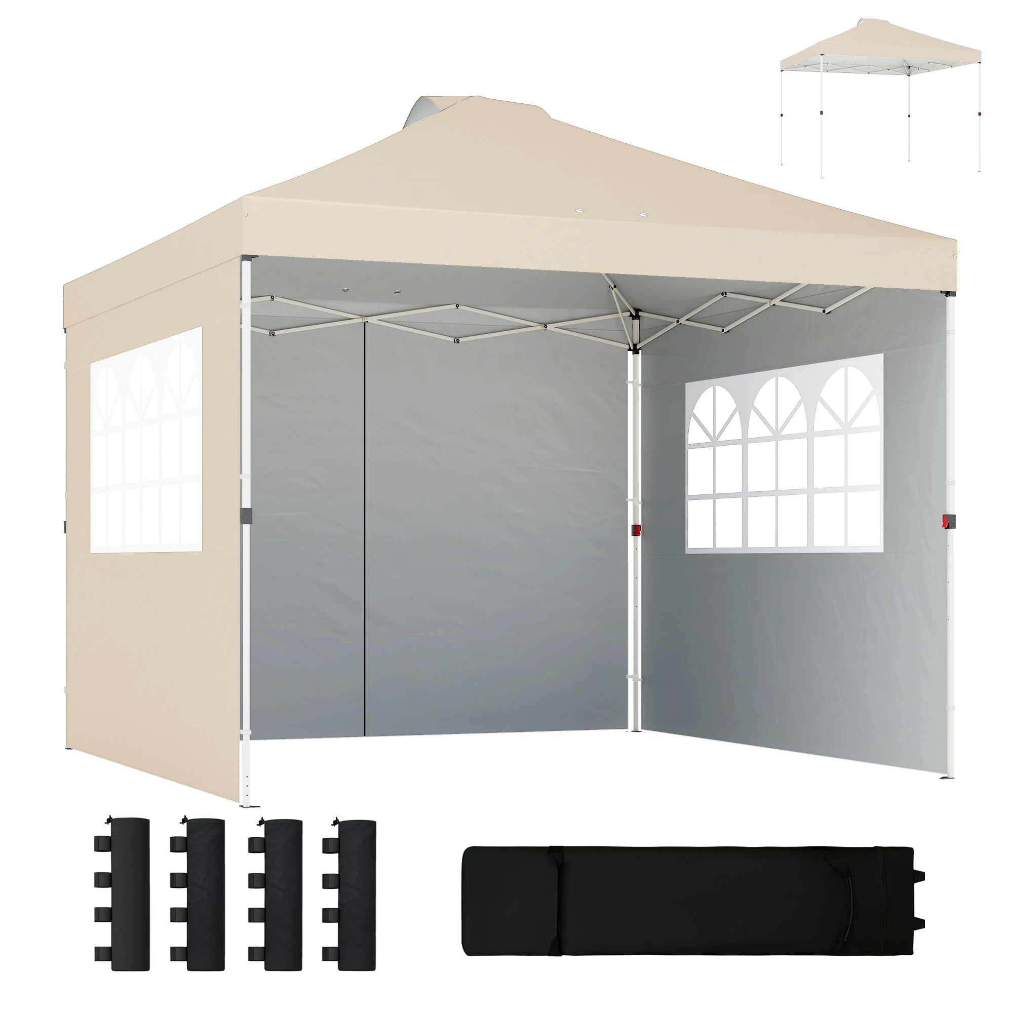 Carpa plegable Garden Arbello con altura ajustable, 3 paredes laterales, bolsas de transporte con bolsas de arena, 3x3 m, color crema