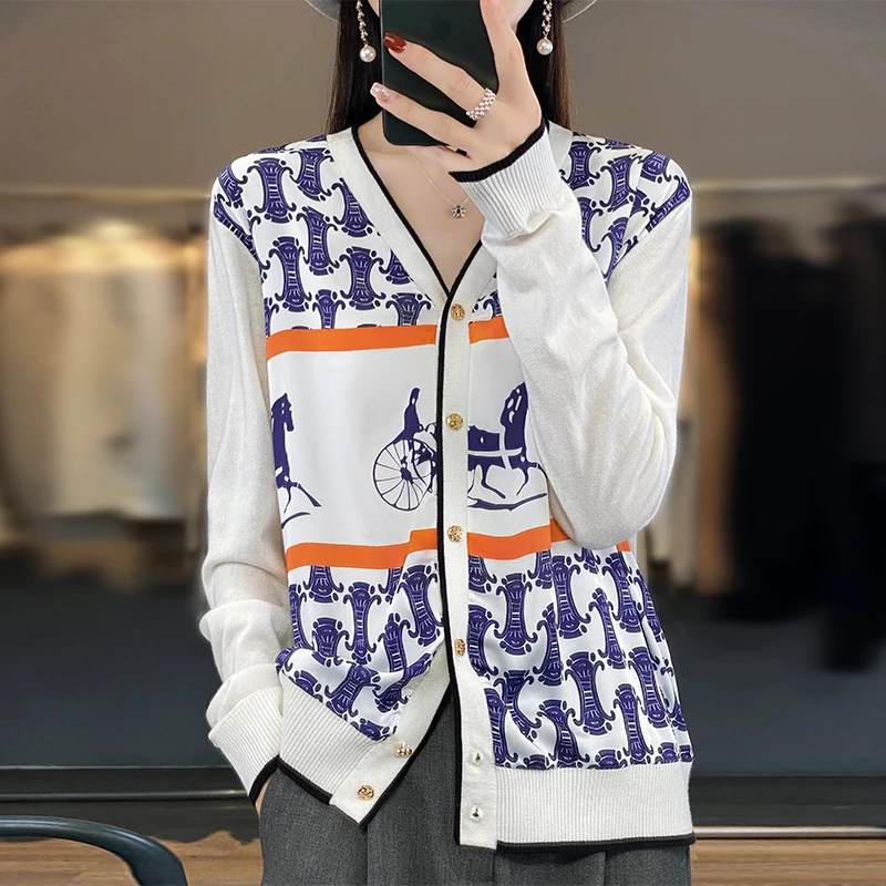 Spring And Summer New Silk Print Cardigan Ladies Worsted Wool Thin Coat V-Neck Loose Knit Sweater Long Sleeve Coat