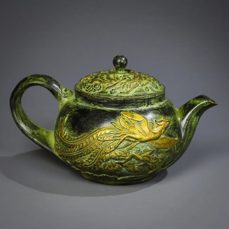 Antique Collectible Craft: Dragon Phoenix Vintage Teapot with Bronze Color Gilt Decoration for Collecting and Appreciati