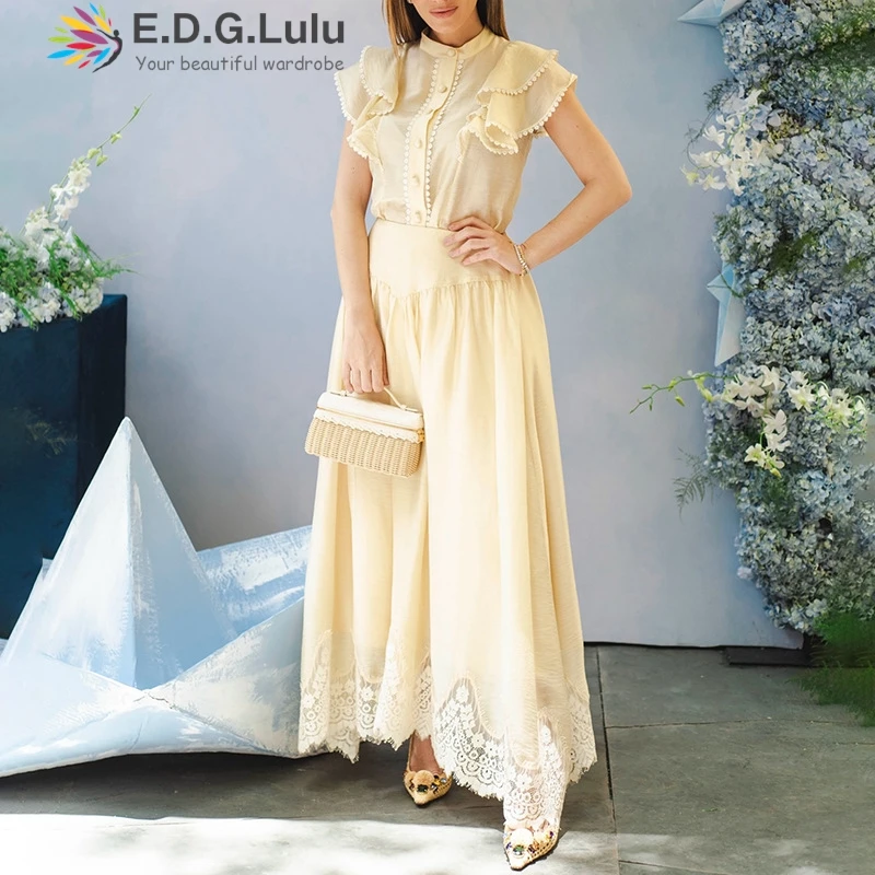 EDGLuLu Retro Vacation Single Breasted Short Sleeved Top+High Wais Asymmetrical Lace Patchwork Long Skirt White Suit 0125