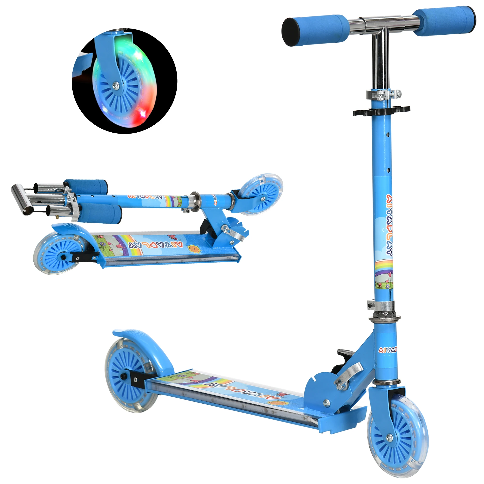 HOMCOM Patinete Infantil Plegable con Luces Música Altura Ajustable Ruedas Brillantes Pedal LED Carga 50kg 67x32x65-78 cm Azul