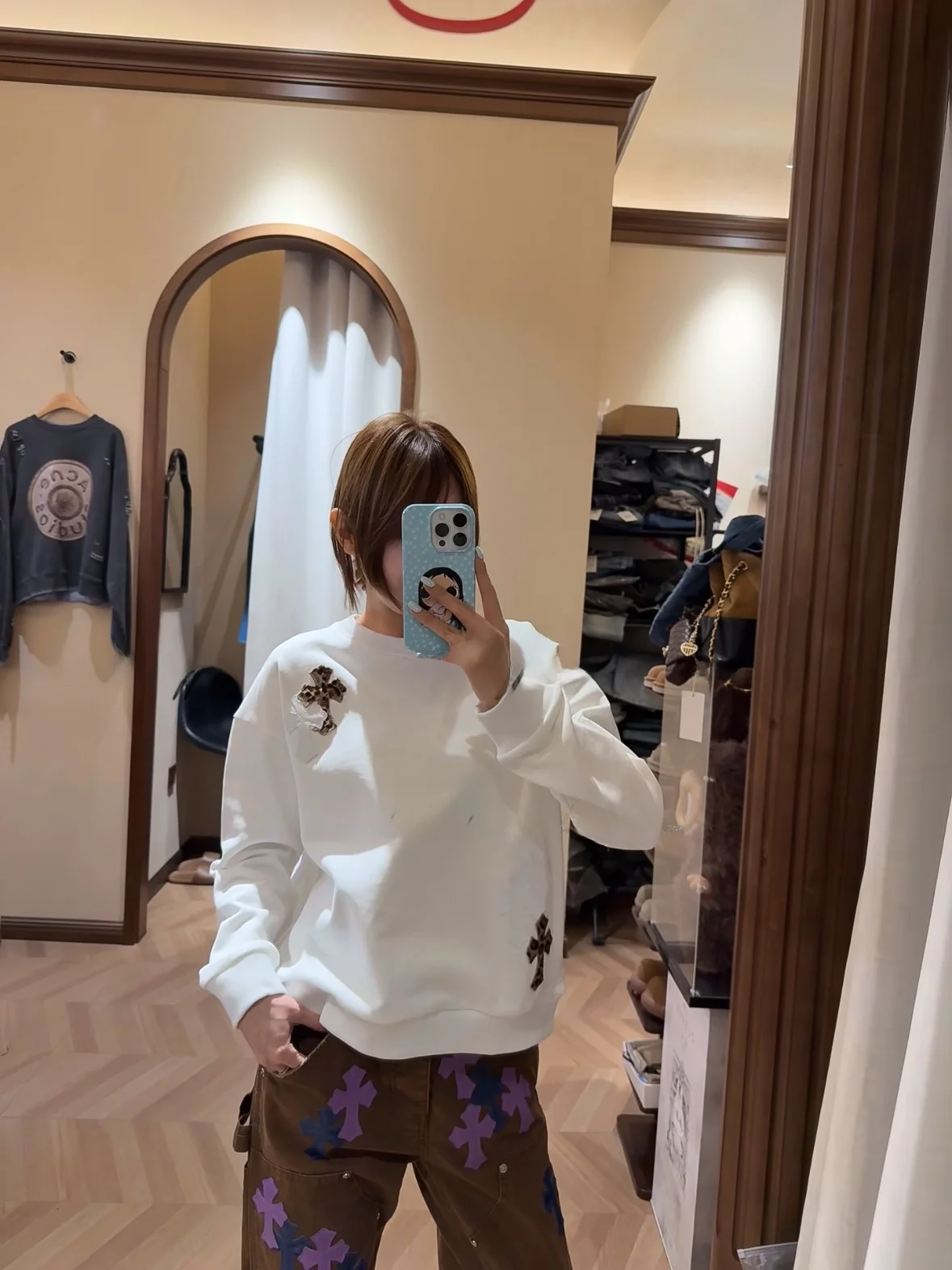 

Loro Ciuffenna American Leopard Print Leather Sweatirt round Ne ex Cross Design Long Sve Organic Cotton Hoodie