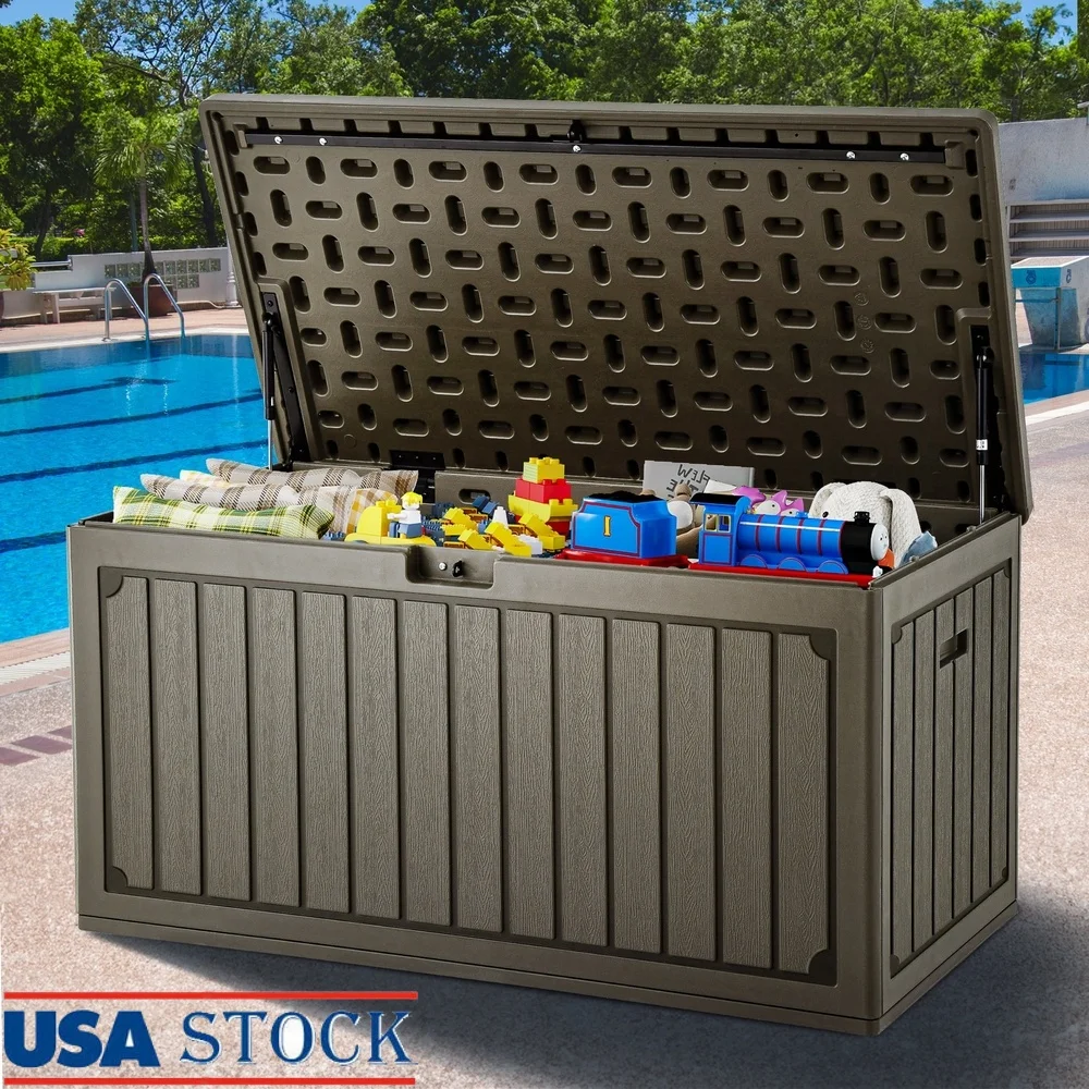 

Outdoor Lockable Deck Box Double Wall Resin Storage Container Weatherproof Garden Storage Features Hydraulic Hinge Easy Assembly