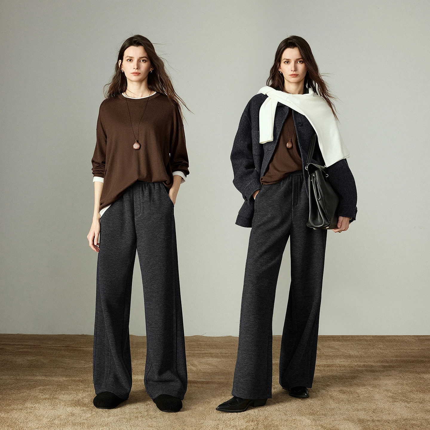 TOYOUTH سراويل تقليدية نسائية 2025 شتاء جديد كسول اللف محبوك الصوف مرونة الخصر الربط تصميم بنطال ذو قصة أرجل واسعة