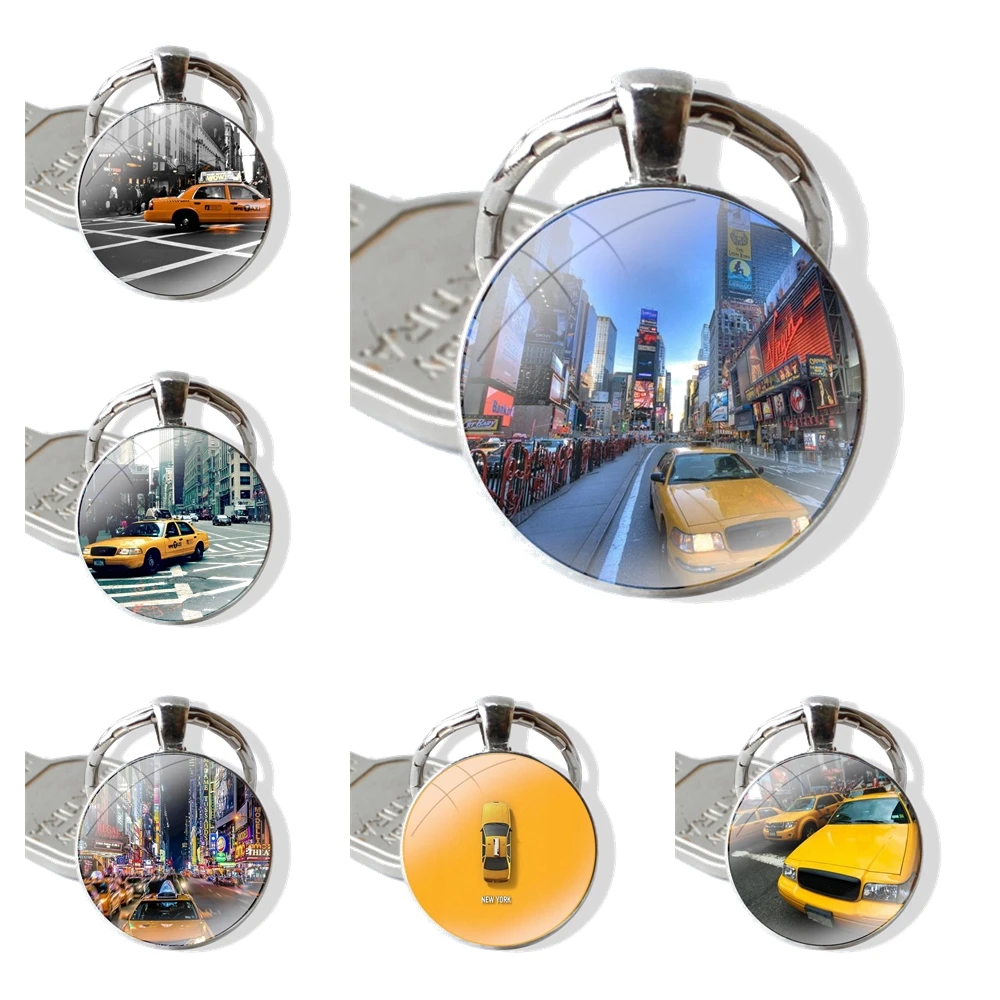 New York City Times Square Taxi 25mm Glass Cabohcon Keychain Key Rings for Women Men Jewelry Gift