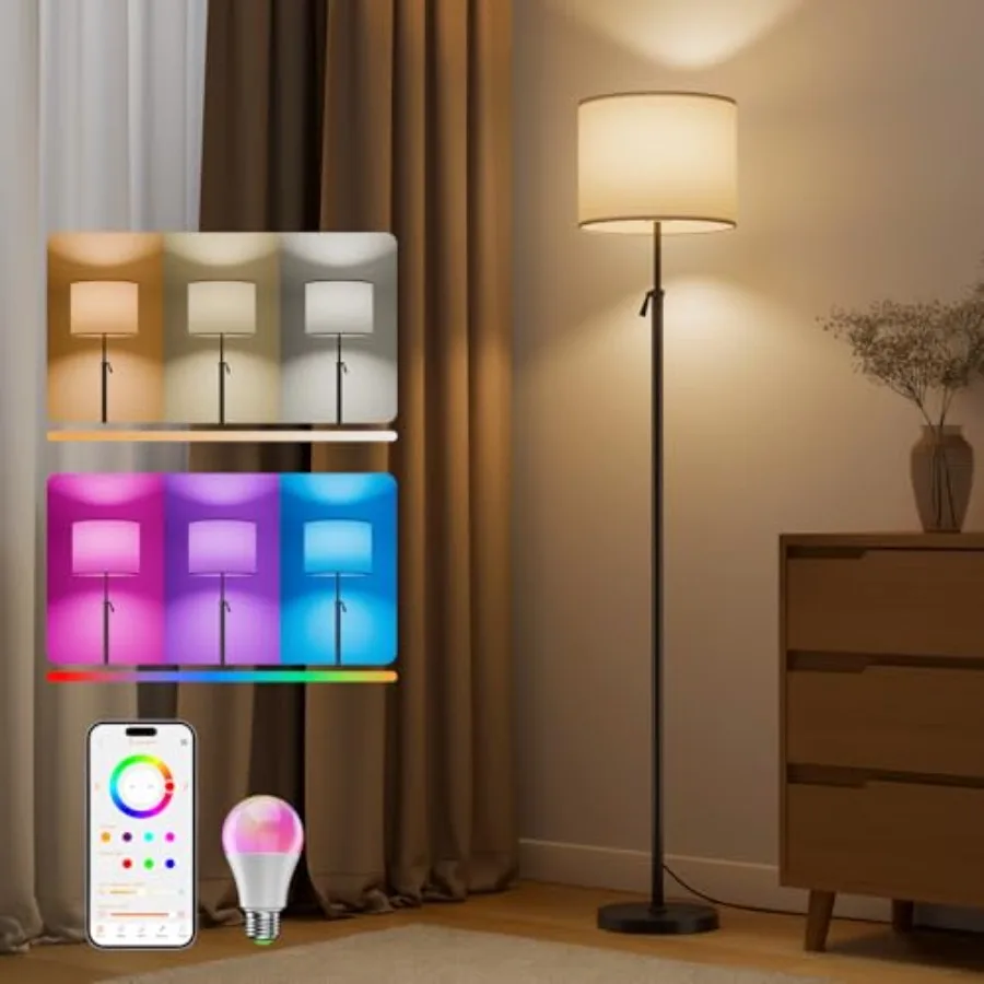 

Smart Floor Lamp, Adjustable Height Standing Light with RGBCW Color Changing Bulb, Compatible with Alexa, Siri, Voice and App C