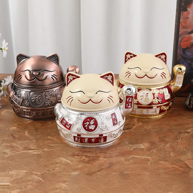 Cat Design Ashtray Zinc Alloy Ashtray Portable Metal Ashtray Anti-fly Cigarette Holder Retro Lucky Cat Home Desk Decoration