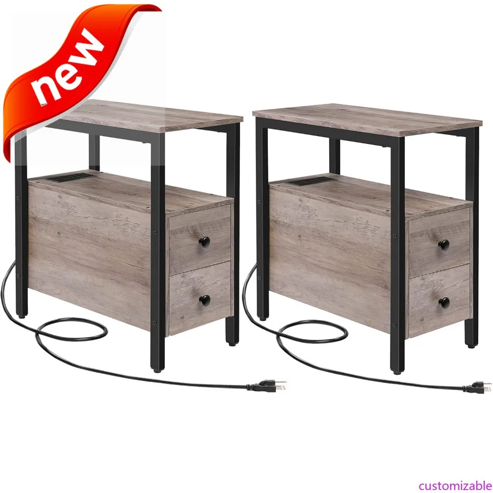 مجموعة قابلة للتخصيص مكونة من طاولتين نهائيين مع محطة شحن، وطاولة جانبية ضيقة مع أدراج ومنافذ USB ومنافذ طاقة، ومنضدة F