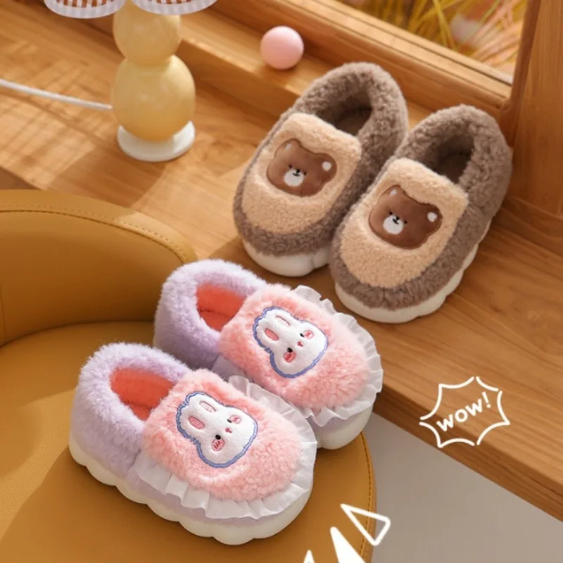 Pantuflas Child Slippers Winter Cartoon Boy Cotton Shoe Cute Princess Warm Kid Shoes Platform Fluffy Slippers Pink Girl Shoe 슬리퍼