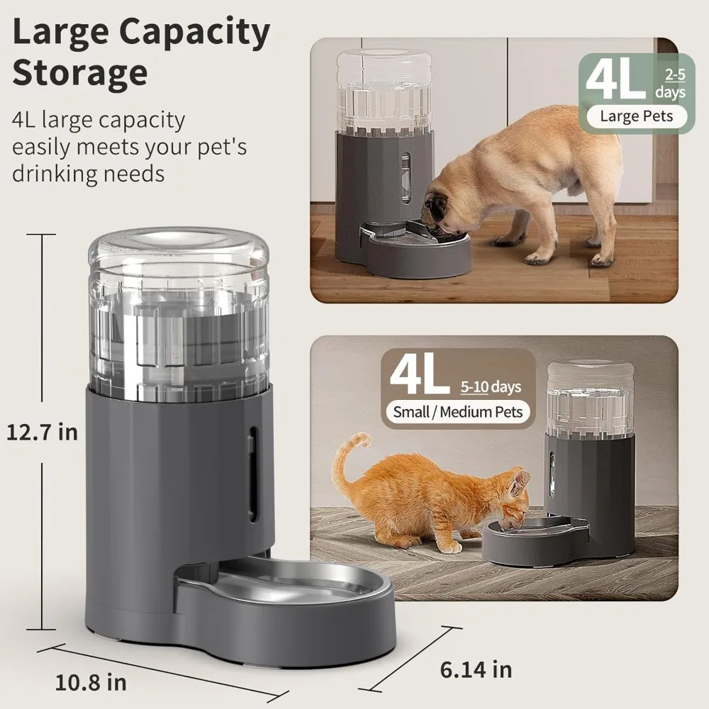 موزع مياه للقطط ووعاء من الفولاذ المقاوم للصدأ، موزع مياه الجاذبية الأوتوماتيكي للقطط أو الكلاب الصغيرة والمتوسطة الحجم، سعة كبيرة #2