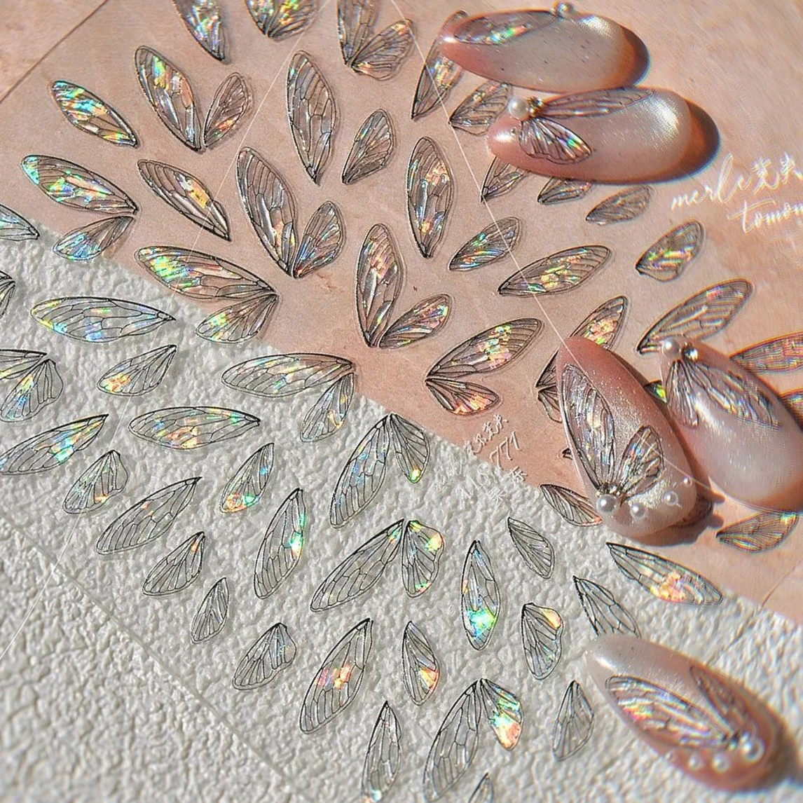 โปร่งใสสีชมพู Gradual Wing Feather Housefly ปีก Angel ดอกไม้ Star Jelly Rhinestones เงาเล็บสติ๊กเกอร์เล็บ Decals