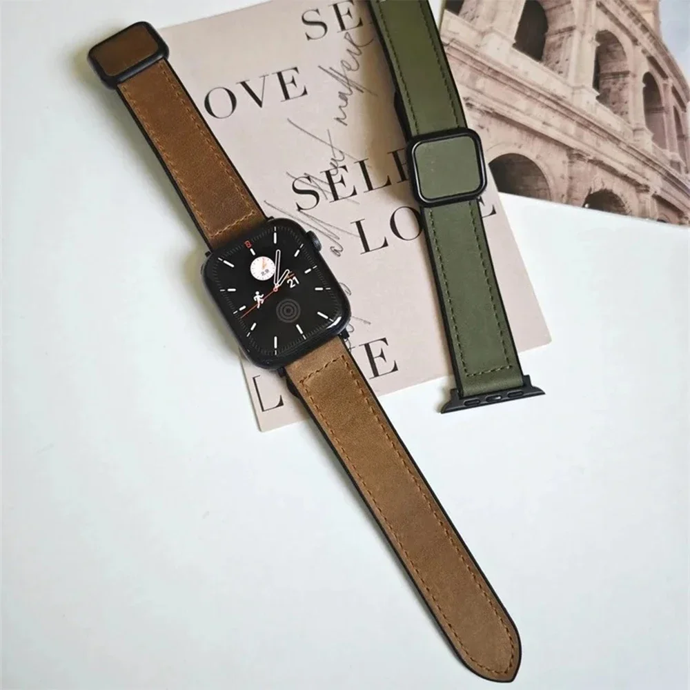 Couro magnético + pulseira de silicone para apple watch ultra2 49mm 10 46mm 42mm pulseira para iwatch series9 8 7 6 5 4 se 41mm 38mm banda