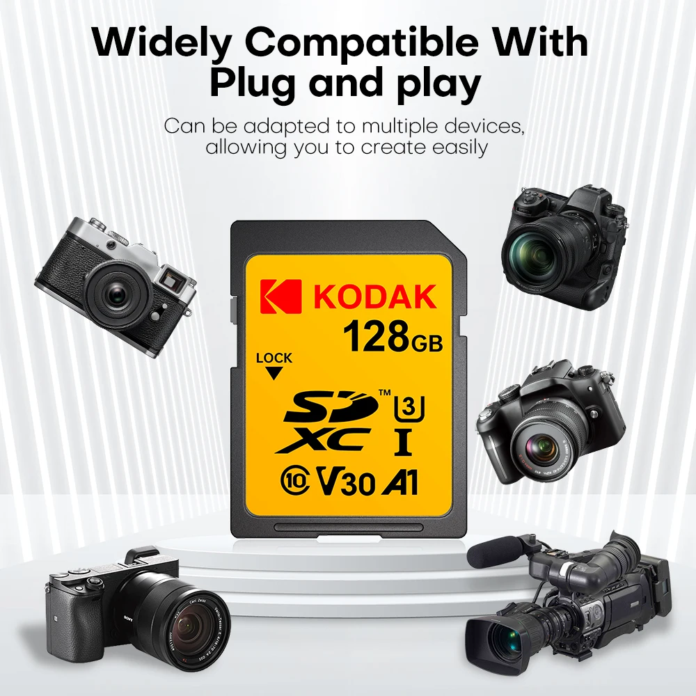 KODAK 100% Original 64GB 128GB SD Card Memory Cards Class10 256GB U3 HD SD Card Memory Card SDXC V30 Memory Cards for Camera