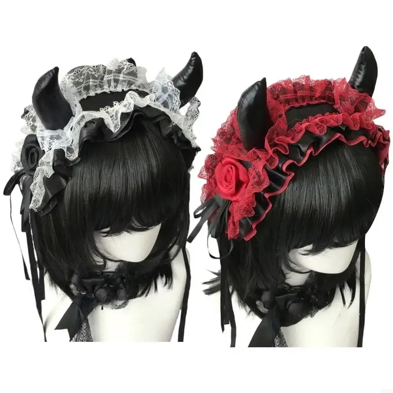 

68UA Devil Horn Headband Headpiece Gothic Lace Hairband Gothic Costume Accessories For Women Halloween Cosplay Music Festival