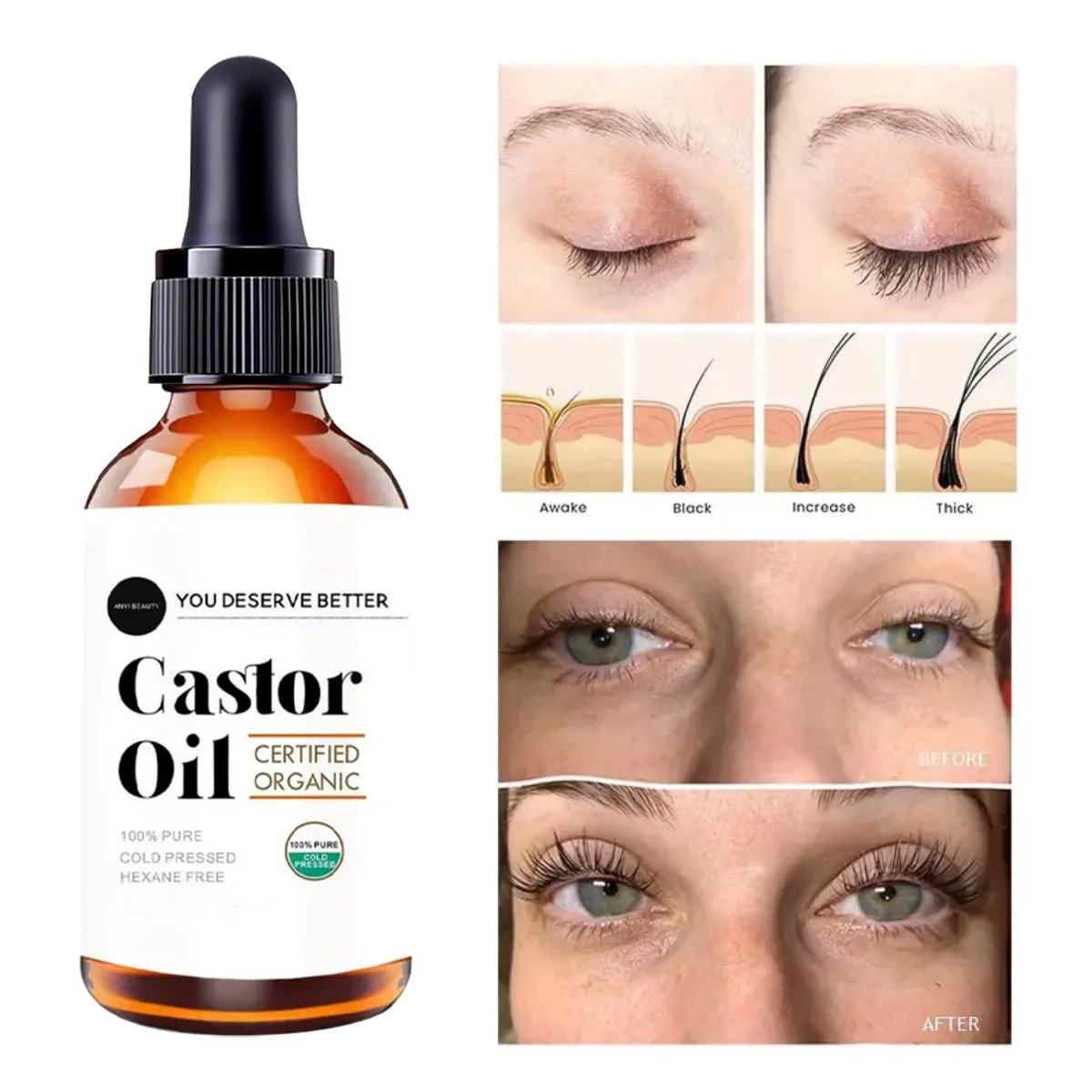 Eyelash Growth Serum Castor Oil Essence Eyelashes Eyebrows Enhancer Lengthening Fuller Thicker Lashes Lift Treatment Eye Care