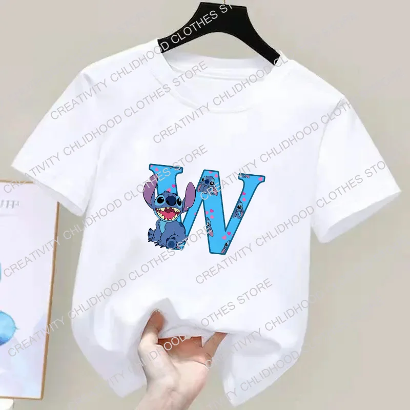 Camiseta de Stitch para niños, combinación de nombre de letra A B C D, camisetas de Anime Kawaii, ropa informal de dibujos animados, camiseta para