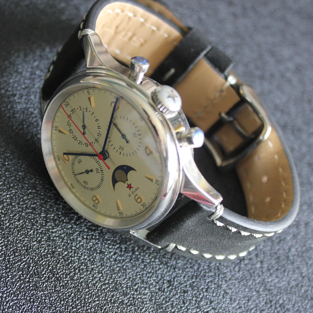 سلاح الجو الصيني ساعة كرونوغراف الرجال 1963 خمر ساعة ميكانيكية للرجال الطيار 40 مللي متر الياقوت القمر المرحلة ساعات المعصم العسكرية