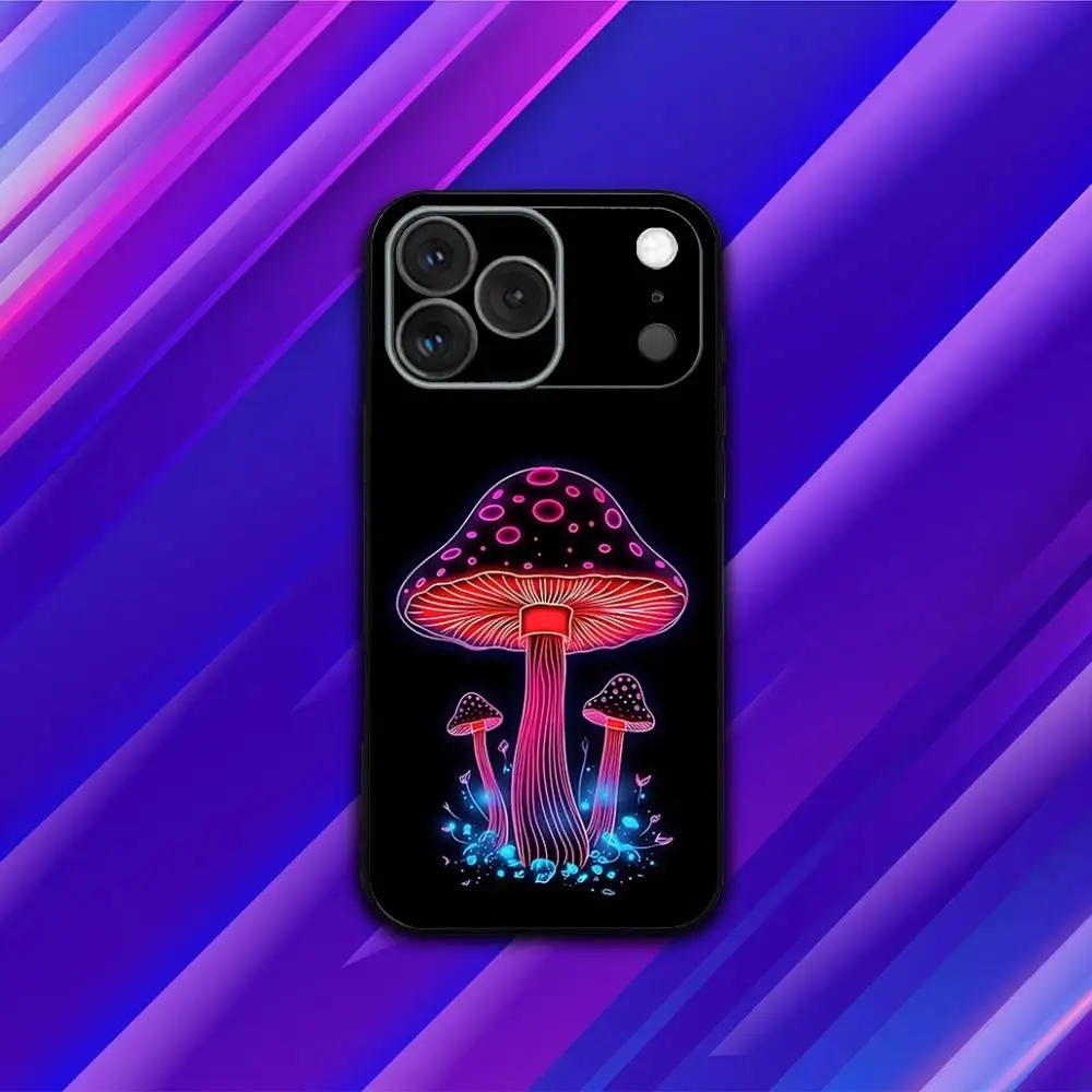 حافظة هاتف P-Psychedelic Mushrooms لهاتف iPhone 17,16,15,14,13,12,11,Pro,Max,Plus,X,XS,SE4,E,Mini,Soft Black Case