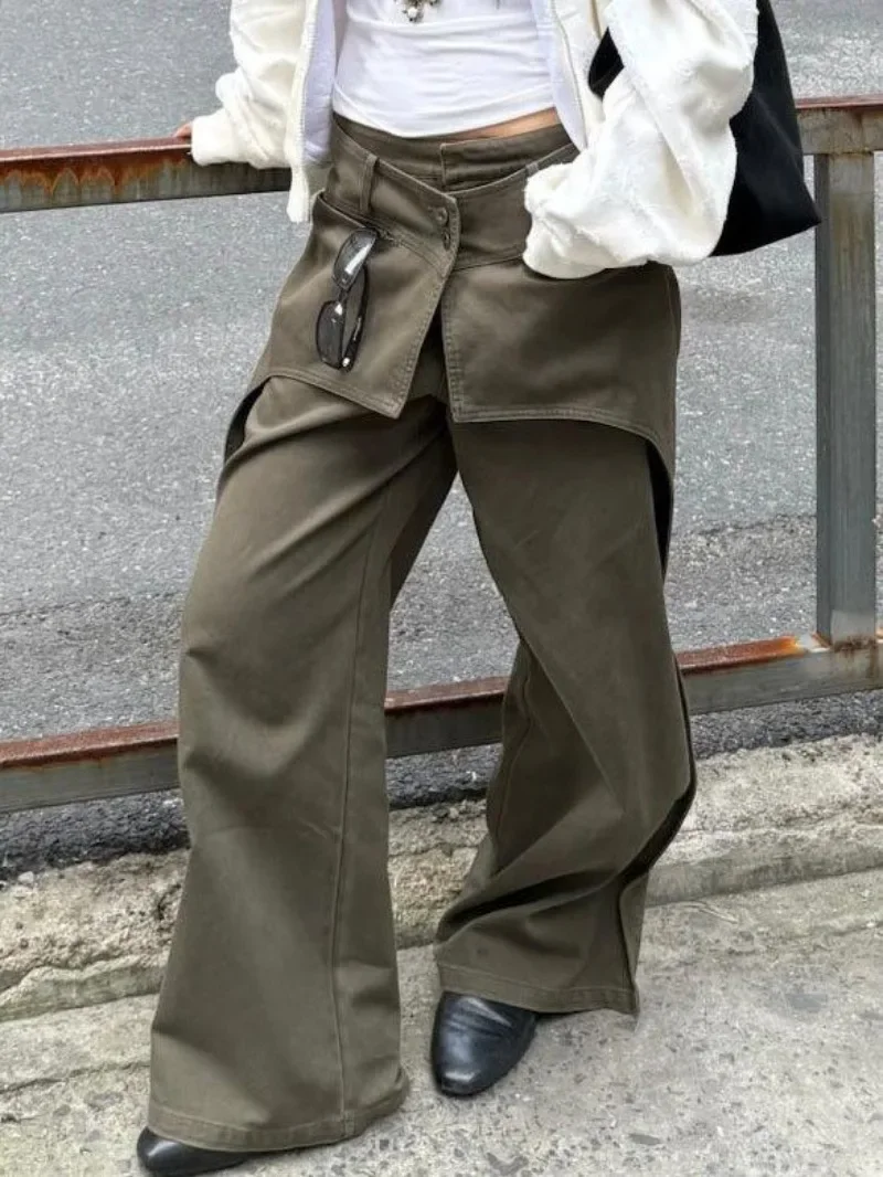 

American Fashion Street Wash Retro Fake Two-piece Design Jeans Women's Loose Wide Leg Pants Trendy Female Clothing