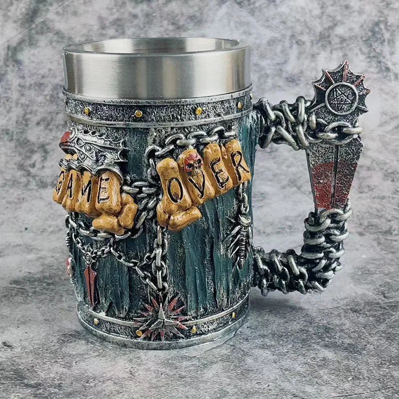 Beer Mug Stein Tankard Valhalla 550ML Stainless Steel Single Handle Horn Skull Viking Nordic Viking Warrior Skull Mug Tankard