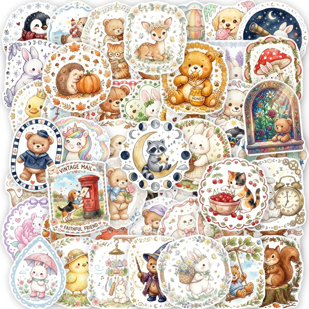 50Pcs Watercolor Retro Rabbit Bear Cartoon Stickers, Cute Fairy‑tale Style Waterproof Decals for Journal DIY AnimeWorlds Store