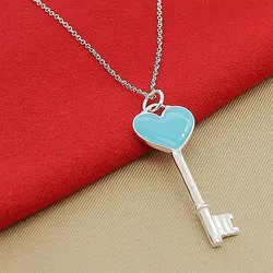 Fashion silver color blue heart key pendant necklace jewelry men and women jewelry birthday jewelry