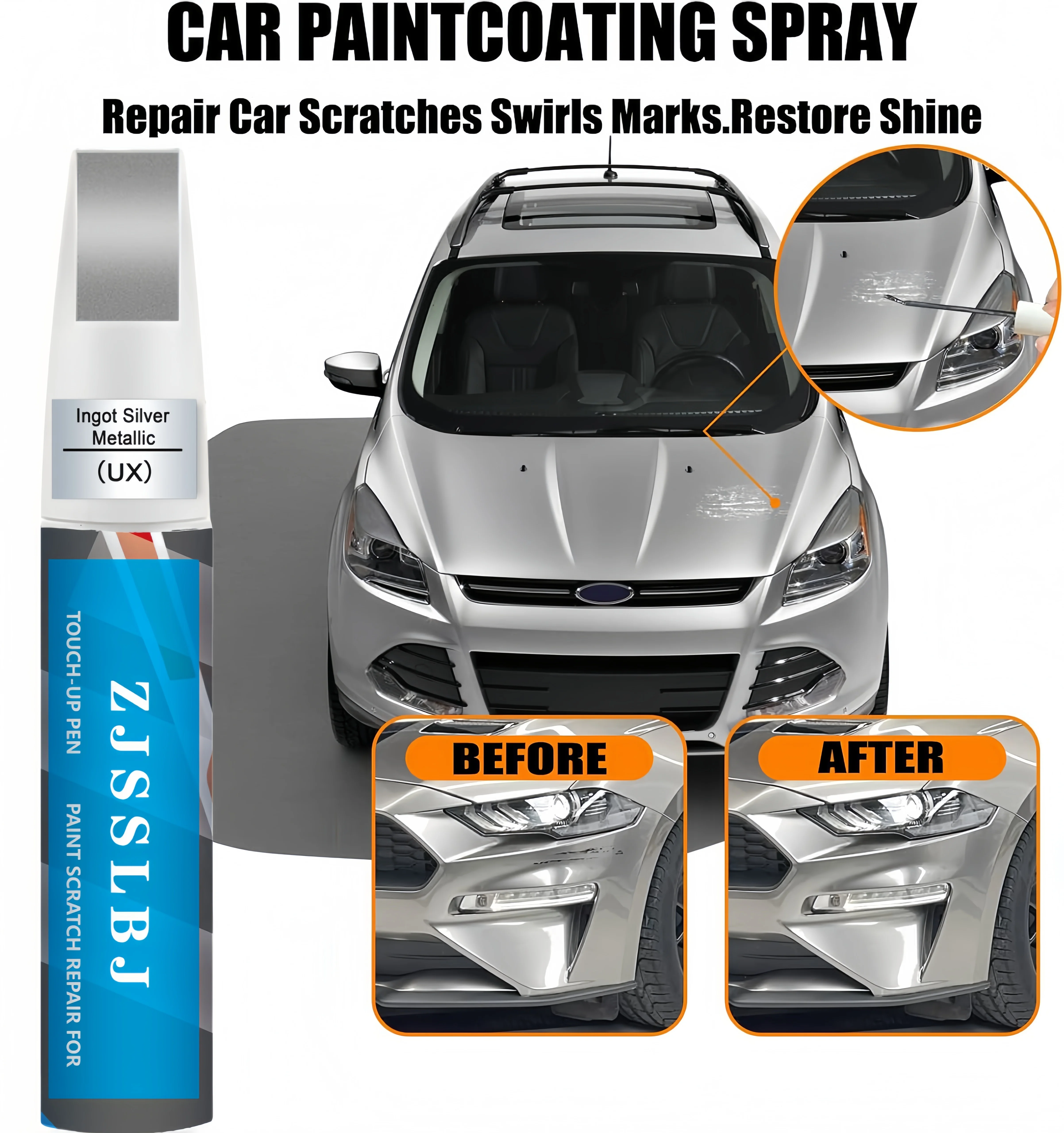 UX Ingot Silver Metallic Touch Up Paint for Ford, Car Paint Pen Scratch Repair Two-In-One Touch Up Paint, Premium Car Scratch Re
