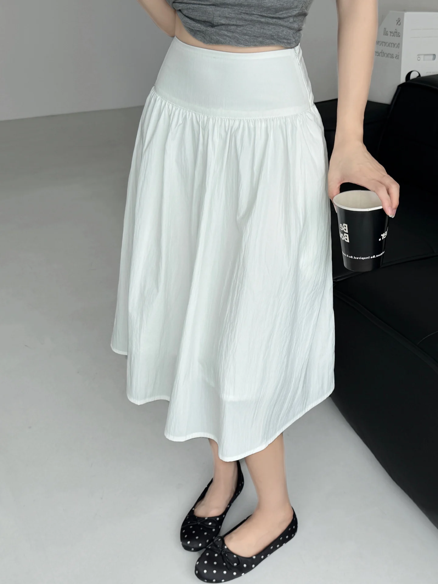 Loose A-Line Midi Skirt Women's White Elegant Wide Waist Pleated Fullness Polyester Nylon Fabric Summer Season Girls Ladies