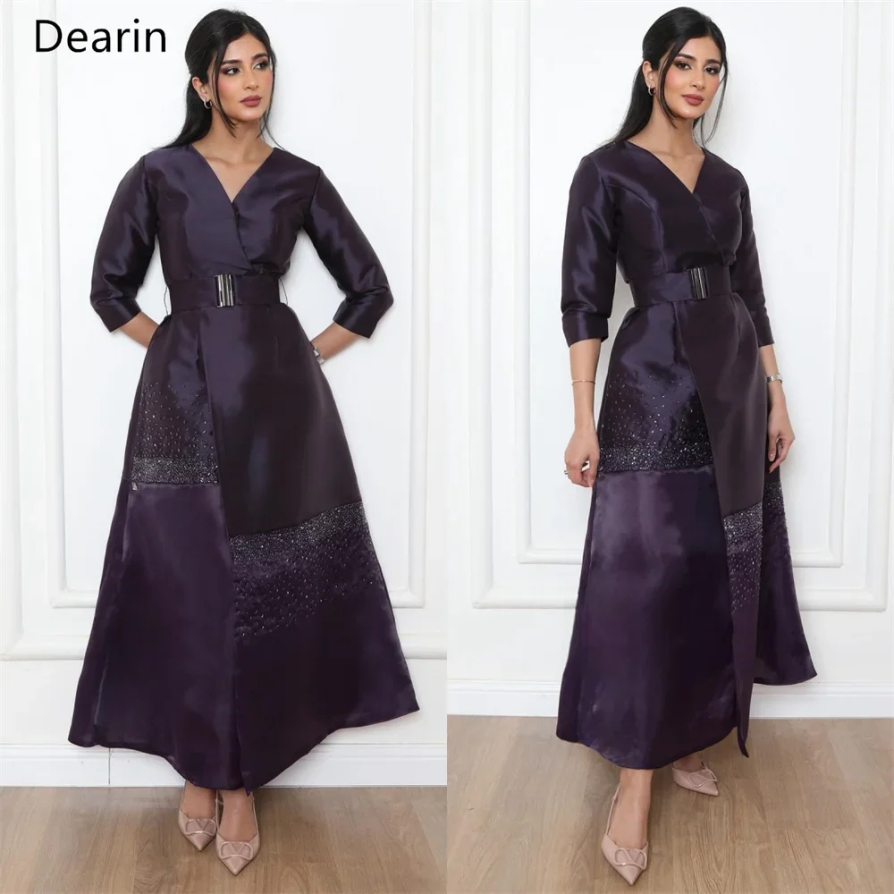 

Customized Evening Gown Dearin V-neck A-line Ankle Length Skirts Layered Beading Bespoke Occasion Dresses Formal Prom Dress Saud