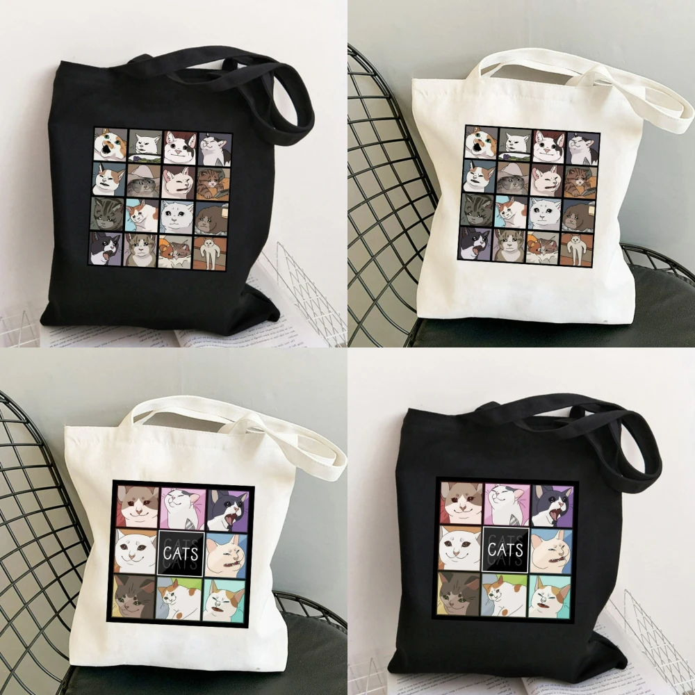 

Meme Cats Puzzle Canvas Tote Bag Durable Eco Friendly Carryall for Work School Shopping Daily Commute Yoga Handbag Shoulder Bag