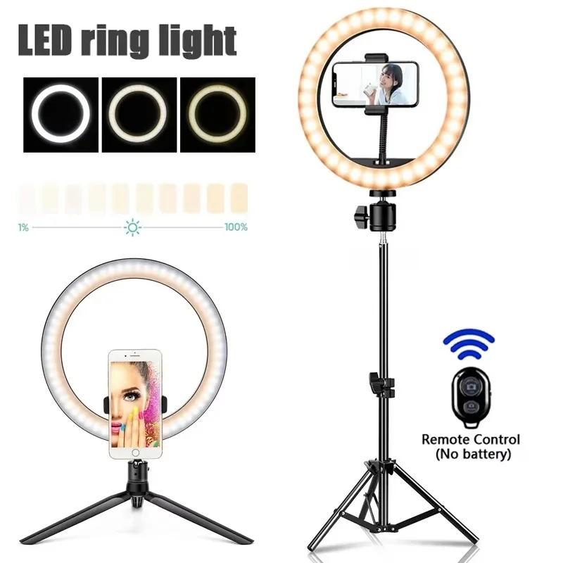 Anillo de luz LED para selfies, lámpara de anillo para fotografía, luz de relleno con control remoto para teléfono, soporte con trípode para grabación de vídeo en vivo