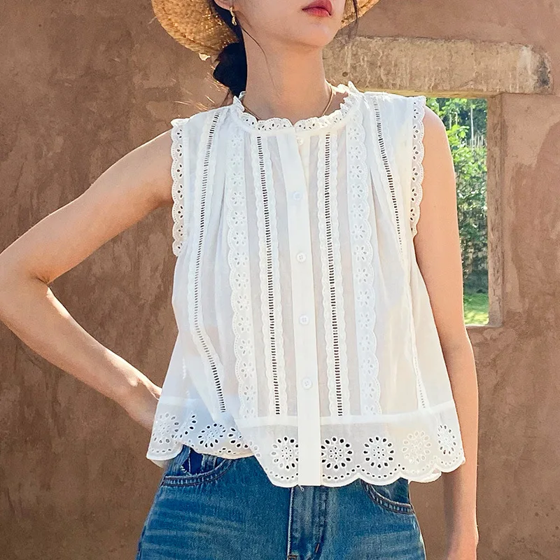Top ricamato in stile vacanza francese estiva, set da donna in 2 pezzi con gonna a mezza lunghezza, camicia bianca scavata