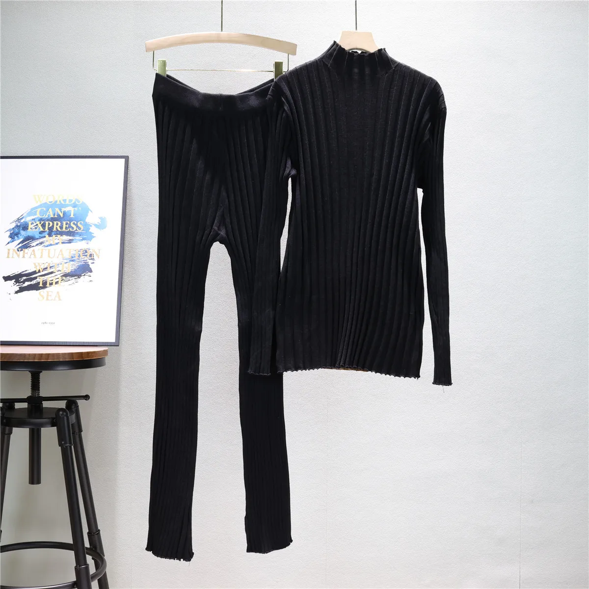 2025 New Fashion Summer 2 Pieces Women Sets Knitted Tracksuit Turtleneck Sweater and Straight Jogging Pants Suits Women Wh9
