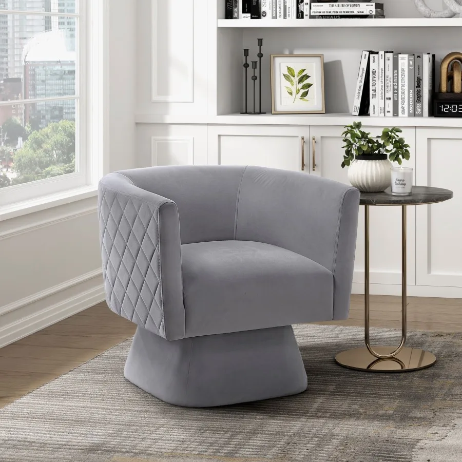 1pc Swivel Chair Gray Velvet Fabric Upholstery Solid wood Diamond Pattern Stitched Back Comfort Chair Living Room Furniture For