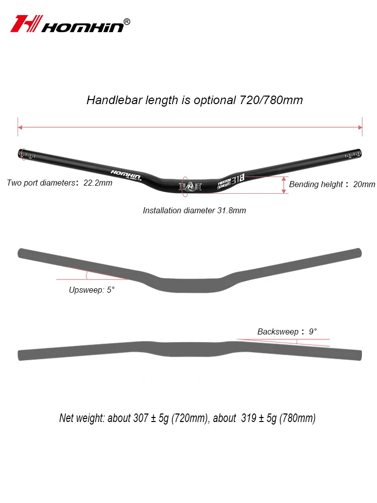 Aluminum Alloy  Handlebar MTB Handlebar Riser Mountain Bike Handlebar 720/ 780mm*31.8mm Steering Wheel For Bicycle