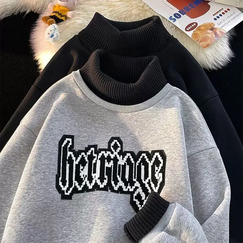 2025 New Loose Turtleneck Sweater Men's Pullover Spring and Autumn Design Sense Contrasting Color Splicing Fleece Thickened Top