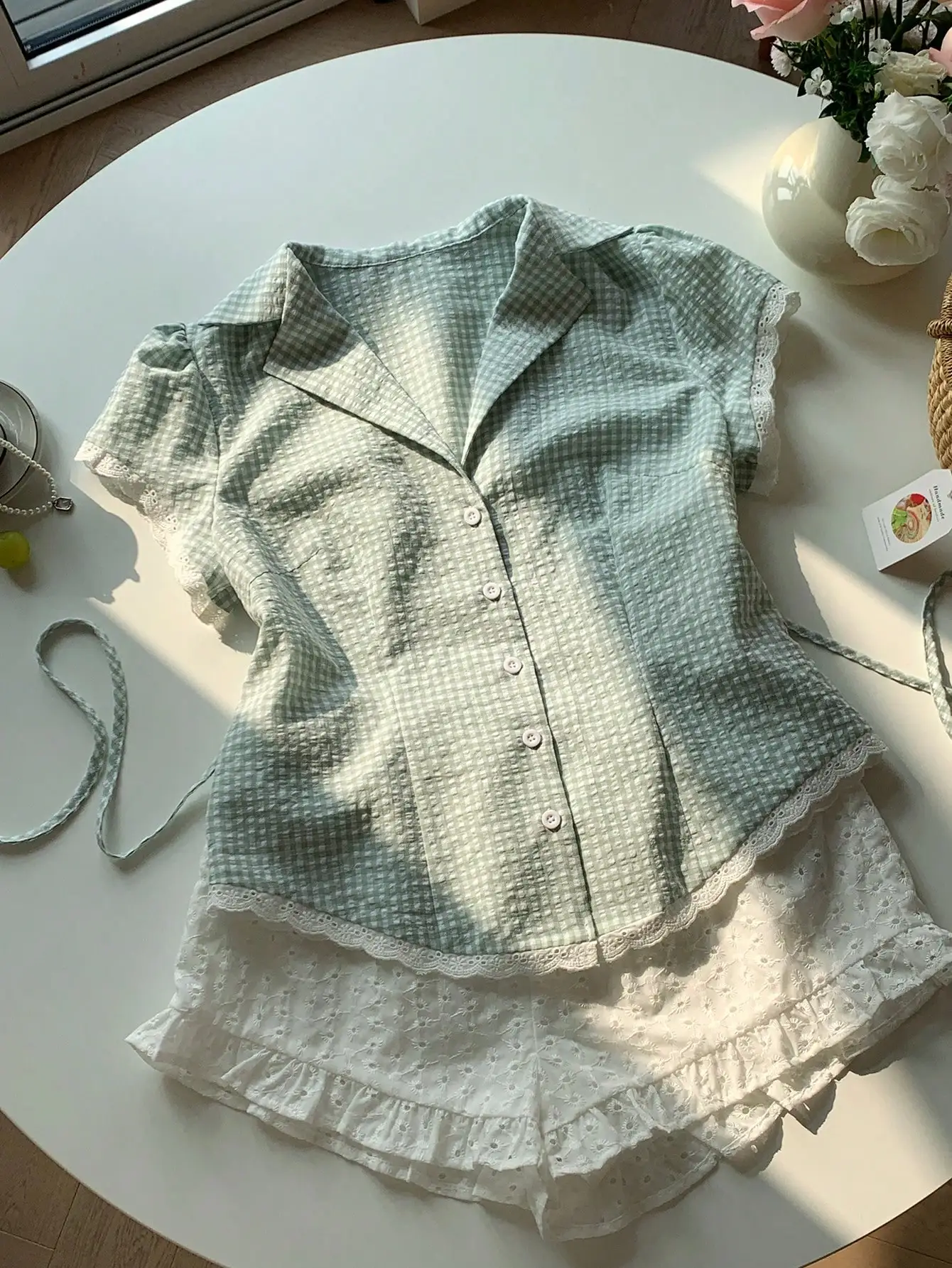 

Women's Casual Green Gingham Textured Lapel Single-Breasted Shirt