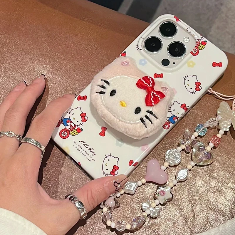 Sanrios Hello Kitty 3D Plush Bracelet Wrist Chain Case for Iphone15 14 13 Pro Max Cute Cartoon Winter Anti-Slip Back Cover Funda