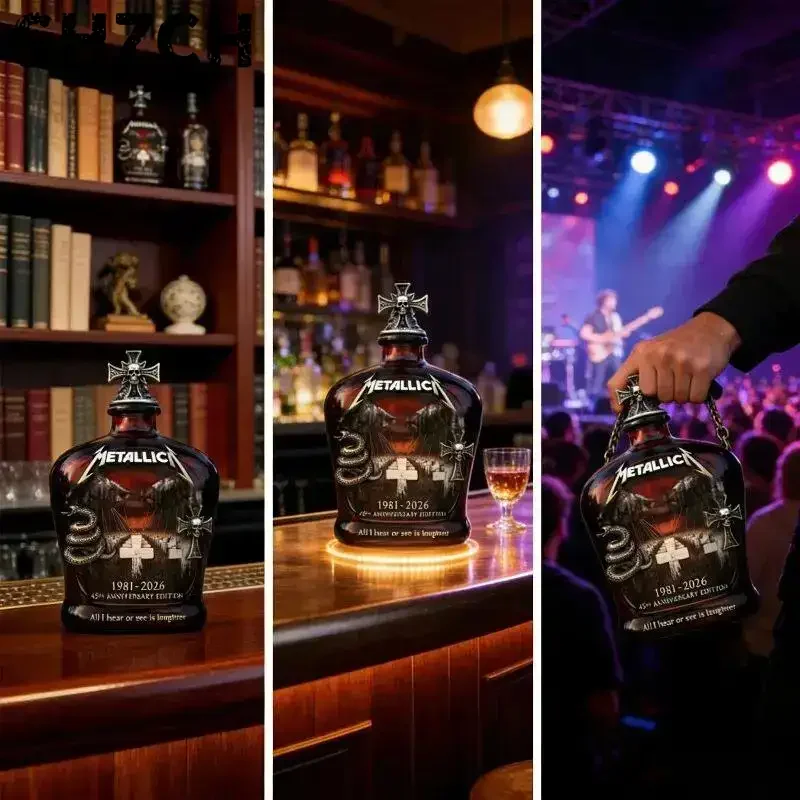 Metallica 45th Anniversary Limited Edition Whiskey Decanter - Rock Band Collectible Glass Bottle with Skull Cross Decor Gift