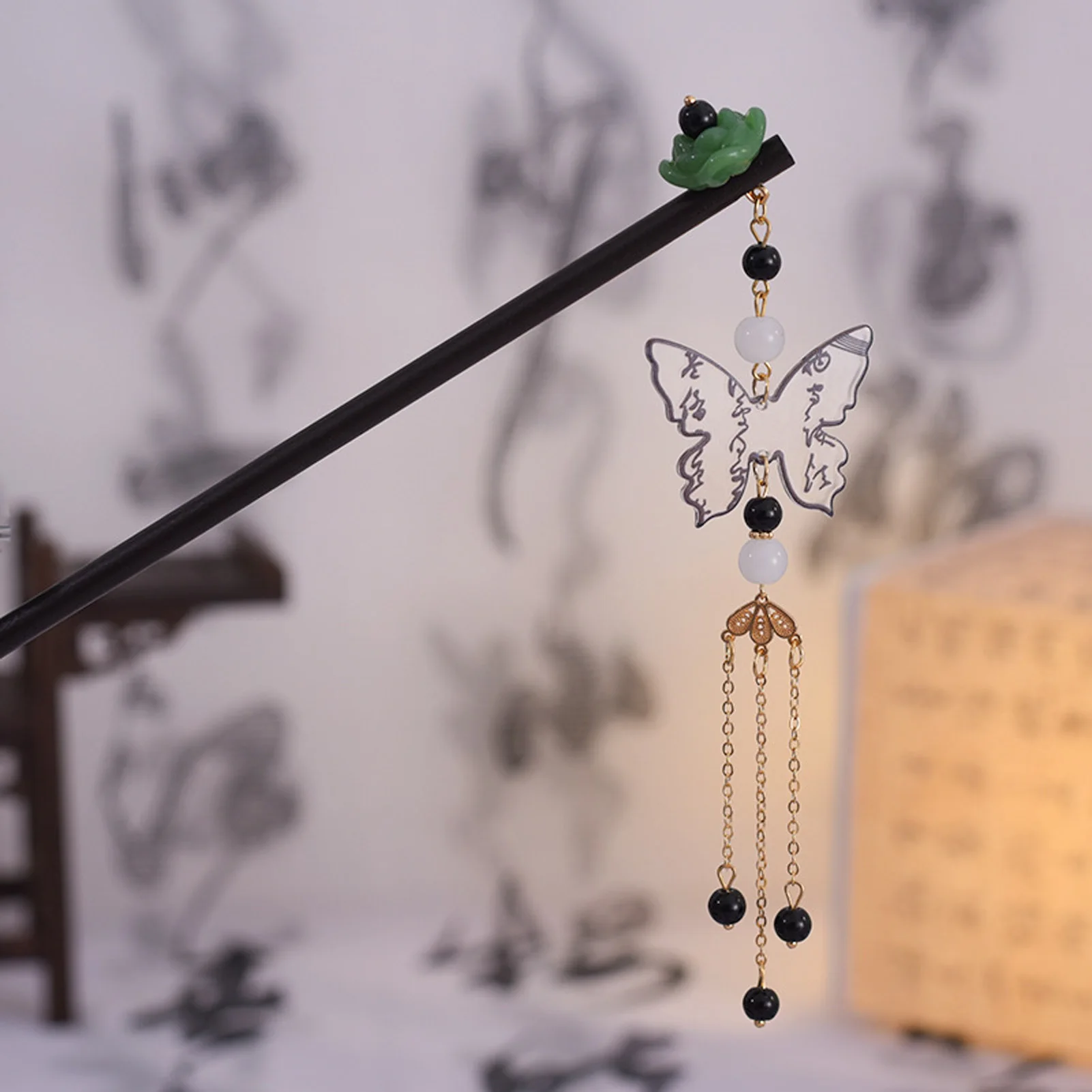 Vintage Wooden Hairpin For Women Chinese Ink Wash Butterfly Lotus Tassel Hair Stick Girls Trendy Hair Accessories Hair Clips view 6