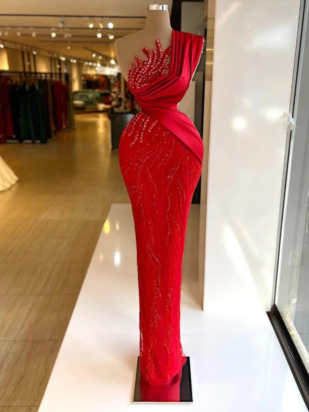 Modern One Shoulder Cocktail Dresses Sparkly Sequins Beads Evening Dress Graceful Red Straight Long Prom Gown Robe De Mariée