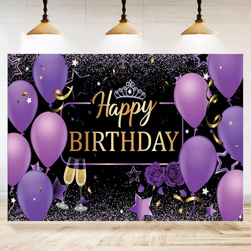 

Photography Backdrop Purple And Gold Balloons Poster For Girls Ladies Women Happy Birthday Party Decoration Background Banner