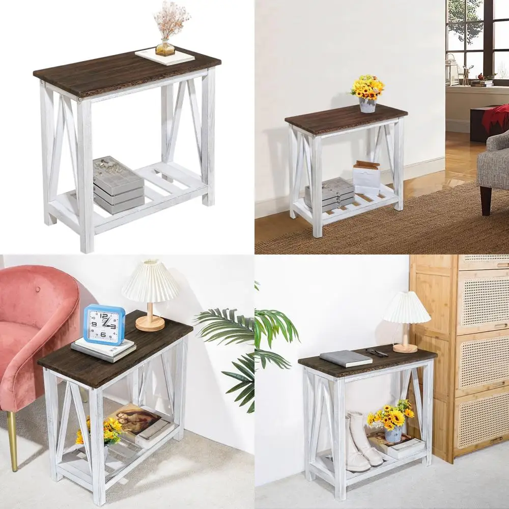 

Тонкий двухъярусный приставной столик в стиле фермерского дома, коричнево-белый, с местом для хранения, для гостиной, спальни и общежития