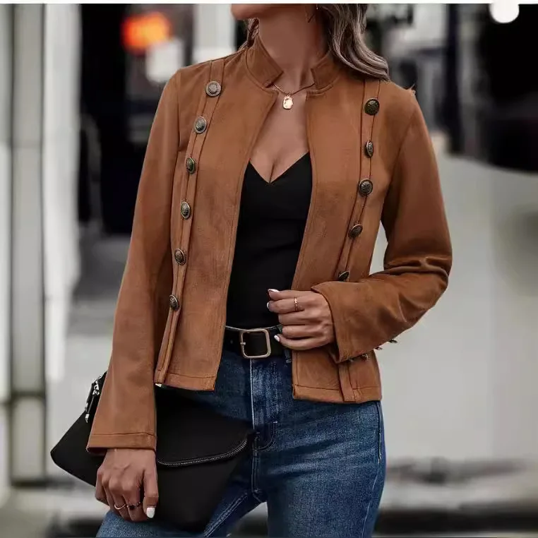 

Women's Double-Row Metal Bule Velvet Jaet Long Sve Faux Deer Skin Velvet Retro Sle ort Outerwear Polyester Fiber
