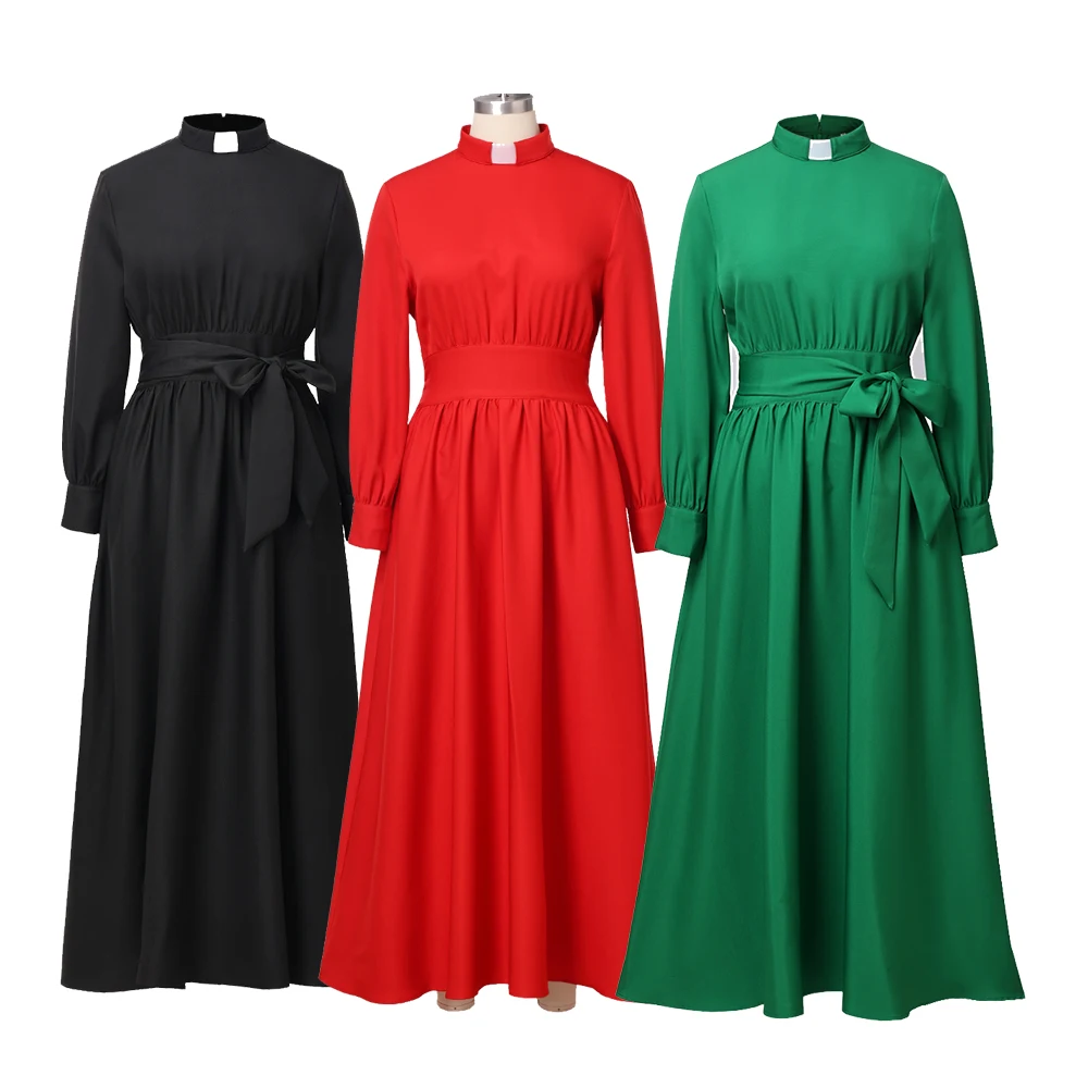 Clergy Dresses for Women Minister Liturgical Praise Dress Maxi Length Tab Collar Robe Worship Costume