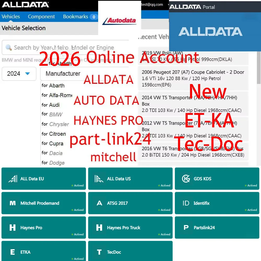 2026 Online Account Alldata Auto-data Newest for Car Repair Software for All data Auto Data part-link24 Support Mobile/PC Login