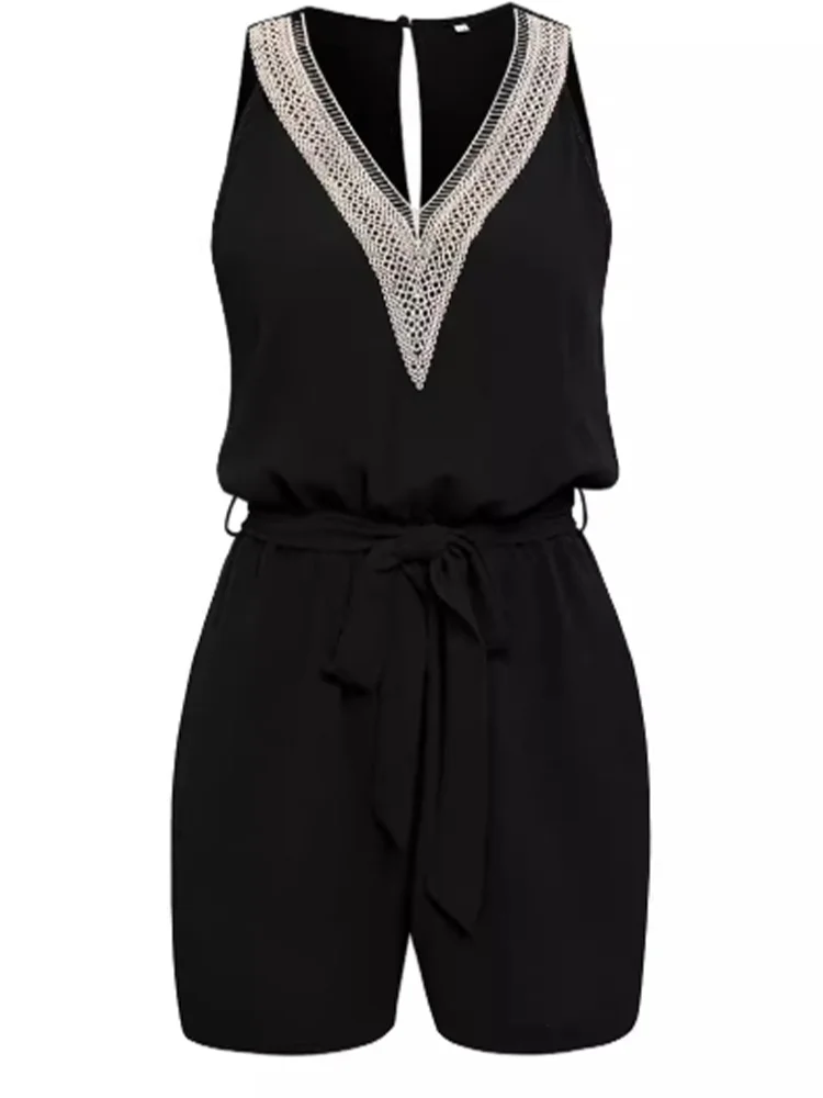 Lace Up พิมพ์แขนสั้น V คอสีทึบผู้หญิง Jumpsuit สบายๆอเนกประสงค์ทุกวันฤดูร้อน Jumpsuit