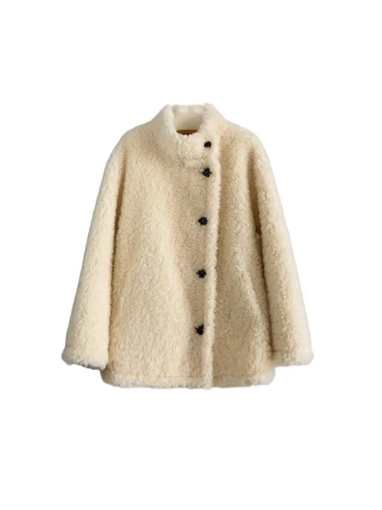 Cappotto riccio di pecora medio lungo spesso autunno e inverno giallo d'oca chiaro Pelliccia Haining pelliccia composita di pura lana femminile